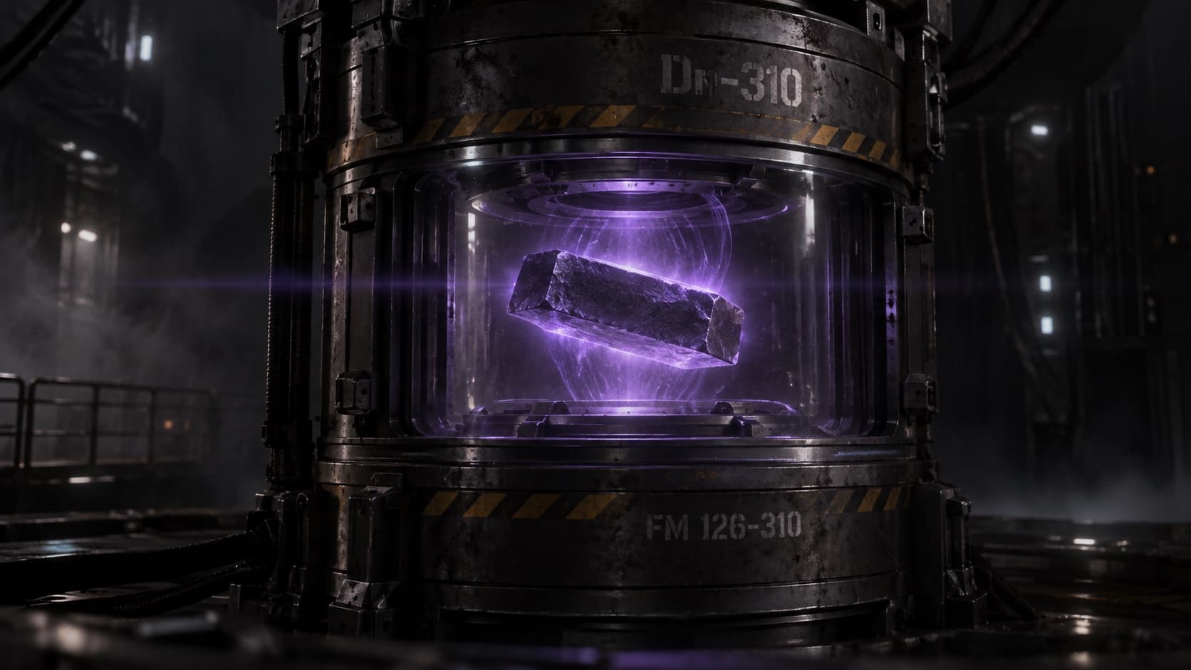 A Neodanium ingot levitating inside a containment vessel stenciled Dn-310